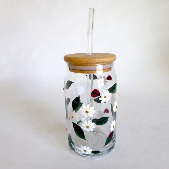 NEW 16oz HAND PAINTED DAISY FLOWER LADY BUGS BEJEWELED GLASS SIPPER W/ STRAW - Picture 2 of 13